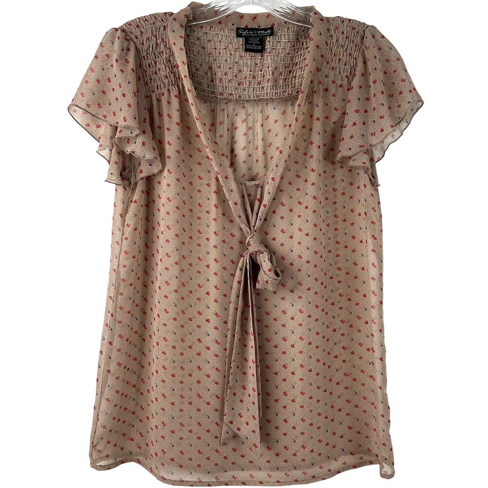 Sylvie & Mado Vintage Blouse Brown Sheer Short Sleeves Ditsy Floral Print Size S